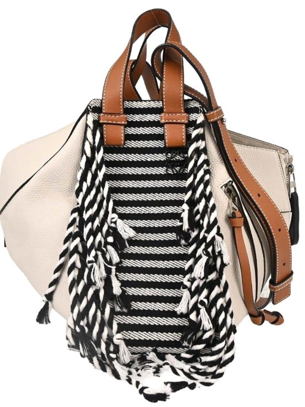 Loewe White Hammock Striped Fringe 2way Tote Handbag 261807 168599